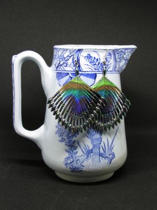 Boucles d'Oreilles Rétro Plumes de Paon Véritables 1980