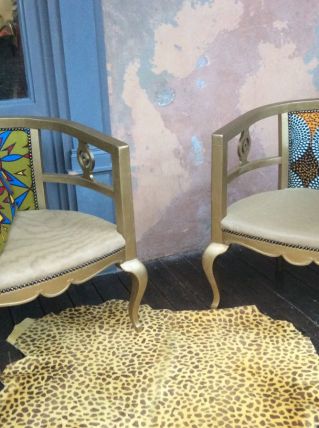 Lot de 2 fauteuils ancien style anglais, tissu wax