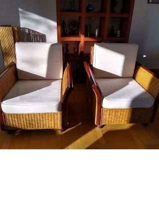 Lot de 2 fauteuils en teck et rotin tressé