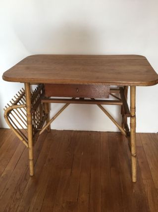 Bureau vintage, rotin et chêne massif