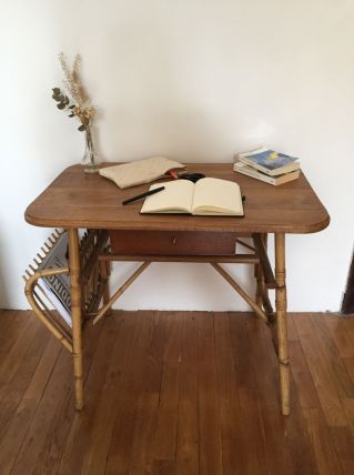 Bureau vintage, rotin et chêne massif