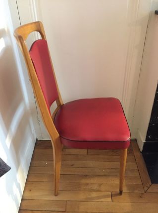 Lot de 3 chaises scandinave années 60 bois et skai rouge