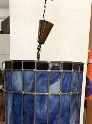 Lampe suspension cylindre vitrail. Bleu, noir et gris