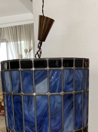 Lampe suspension cylindre vitrail. Bleu, noir et gris