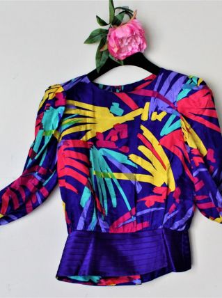 Haut en soie Vintage 36/38 violet rose turquoise jaune