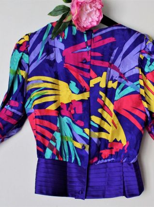 Haut en soie Vintage 36/38 violet rose turquoise jaune