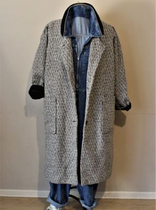 Manteau vintage L overside loose laine tweed chevron 