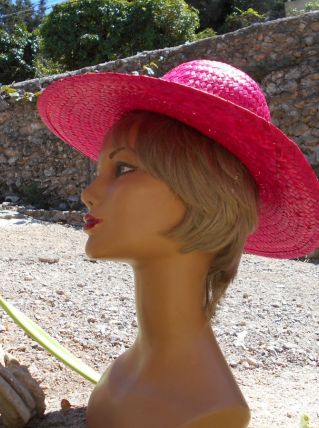 CHAPEAU PAILLE FUSCHIA VINTAGE T 55 CM