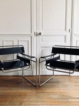 Marcel Breuer - Chaise Wassily B3 en cuir noir