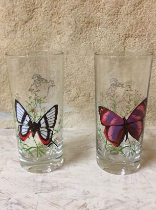 2 verres à jus de fruit vintage « VMC Reims » motif Papillon