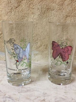 2 verres à jus de fruit vintage « VMC Reims » motif Papillon