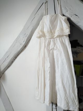 Robe décolletée broderie brodée fleurs beige crème écrue T38