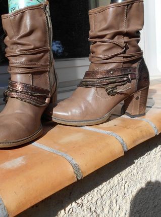 BOTTINES MUSTANG T 36 MARRON GRIS CUIR