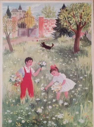 Affiche scolaire vintage La cueillette des fleurs