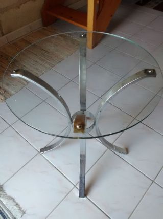 2 Tables d'appoint ronde  dessus verre, pied métal