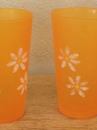 4 verres à limonade vintage orange à fleurs blanches 