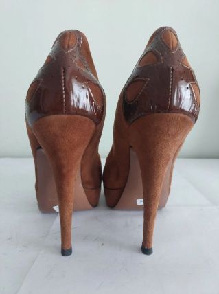 154C* OVYE superbes escarpins bruns cuir high heels (39)