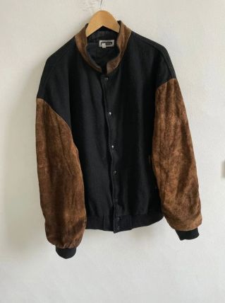 Blouson/Varsity Jacket en Cuir Vintage 80’ Noir/Marron