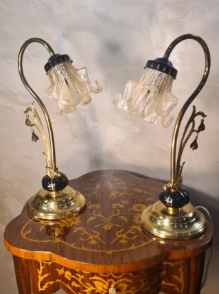 paire de lampes ceram et laiton style art nouveau  ,,tulipe 