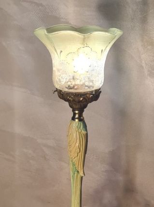 lampe calice bronze  art nouveau tulipe ancienne verre vert 