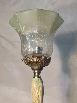 lampe calice bronze  art nouveau tulipe ancienne verre vert 