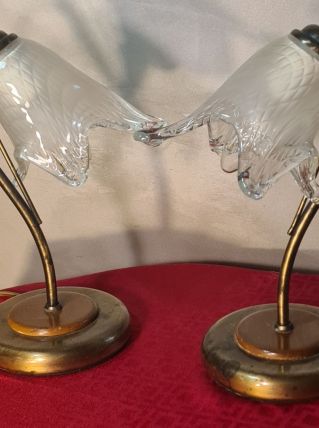 lampe de chevet laiton bois et verre 1970 a 80 ,trace d usag