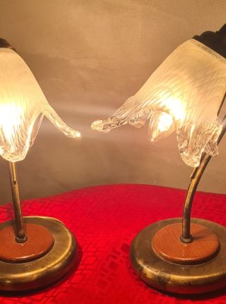 lampe de chevet laiton bois et verre 1970 a 80 ,trace d usag
