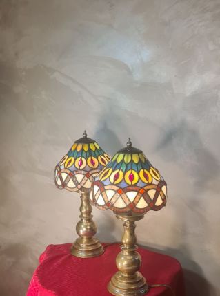 Paire lampe laiton ancienne Abat jour verre 44x21 vitrail st