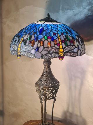 lampe bronze art nouveau 1900  abat jour verre vitrail 75x40