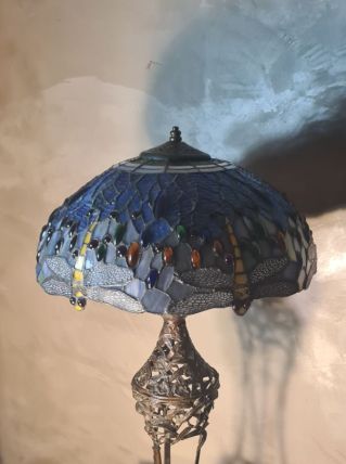 lampe bronze art nouveau 1900  abat jour verre vitrail 75x40