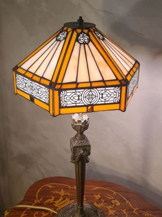 LAMPE pied bronze 19e et abat jour vitrail fait main souder 