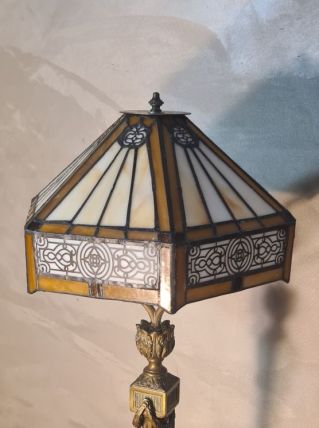 LAMPE pied bronze 19e et abat jour vitrail fait main souder 