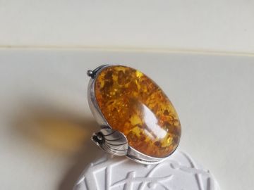 Bague Ancienne En Argent Sterling Et Ambre Orange - Taille 53/54 (6-31) - Occasion