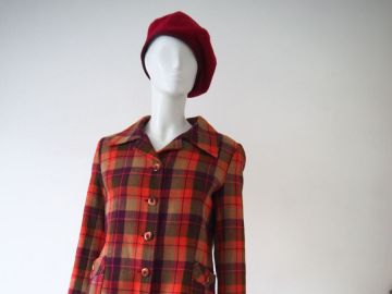 Ensemble Jupe Et Veste Années 70 En Laine Tartan Orange - Taille 40, Occasion Très Bon état
