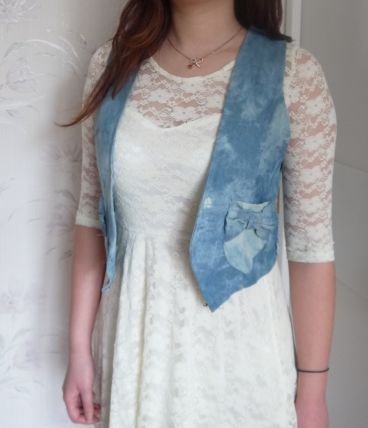 Gilet crochet bleu denim dos poches TU