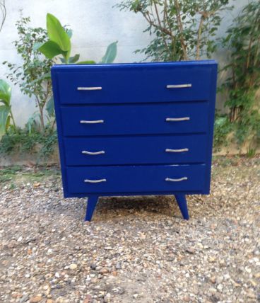Commode vintage scandinave bleue pieds compas