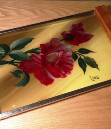 Plateau de service Bois et verre peint à la main