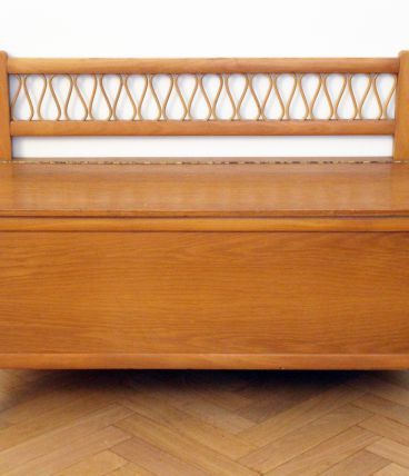 Banc coffre à jouets vintage enfant années 70 chêne rotin