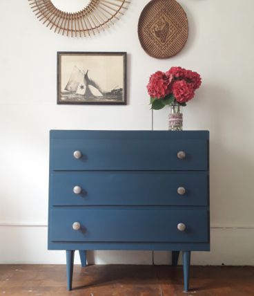 Commode vintage en bois bleu foncé  metal