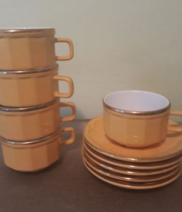 5 tasses à café bistrot, jaunes, liseré doré, vintage