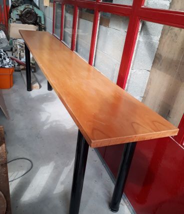 2 consoles bois massifacier noir satine vernis, pied reglabl