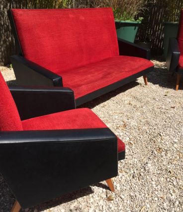 Canapé fauteuil vintage années 50/60 velours rouge Skaï noir