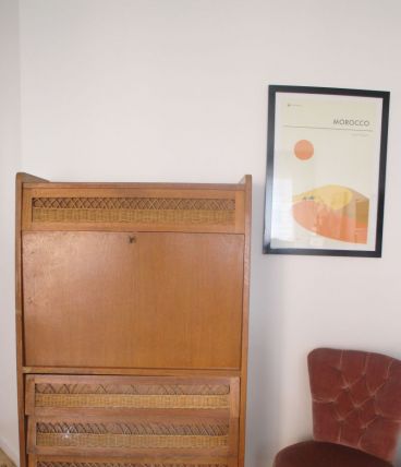 Secrétaire vintage rotin pieds compas à rénover