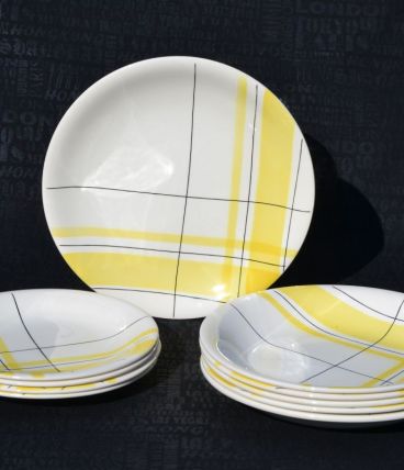 Assiettes vintage graphique jaune et blanche années 70