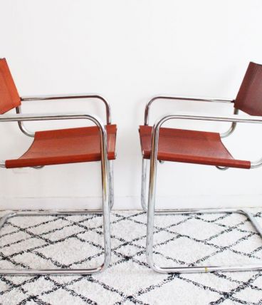 Paire de fauteuils style Marcel Breuer années 70 cognac