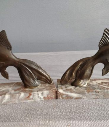 serre-livres poissons bronze et marbre art déco