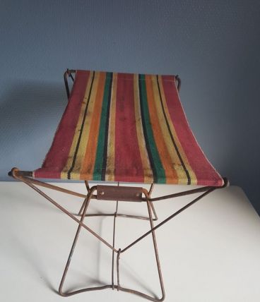 tabouret pliant vintage toile imprimée et structure en métal