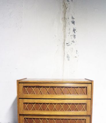 Commode vintage pieds compas bois blond et rotin années 70