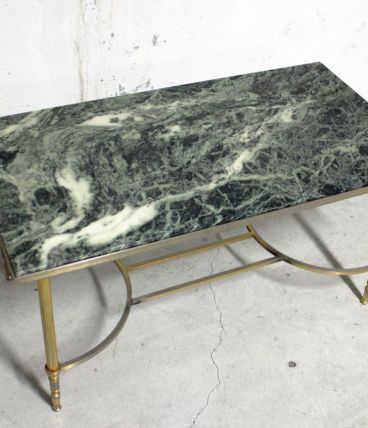 Table basse vintage en marbre vert pieds en laiton dorés