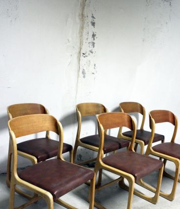Suite de 6 chaises traineau Baumann vintage cuir marron 60's